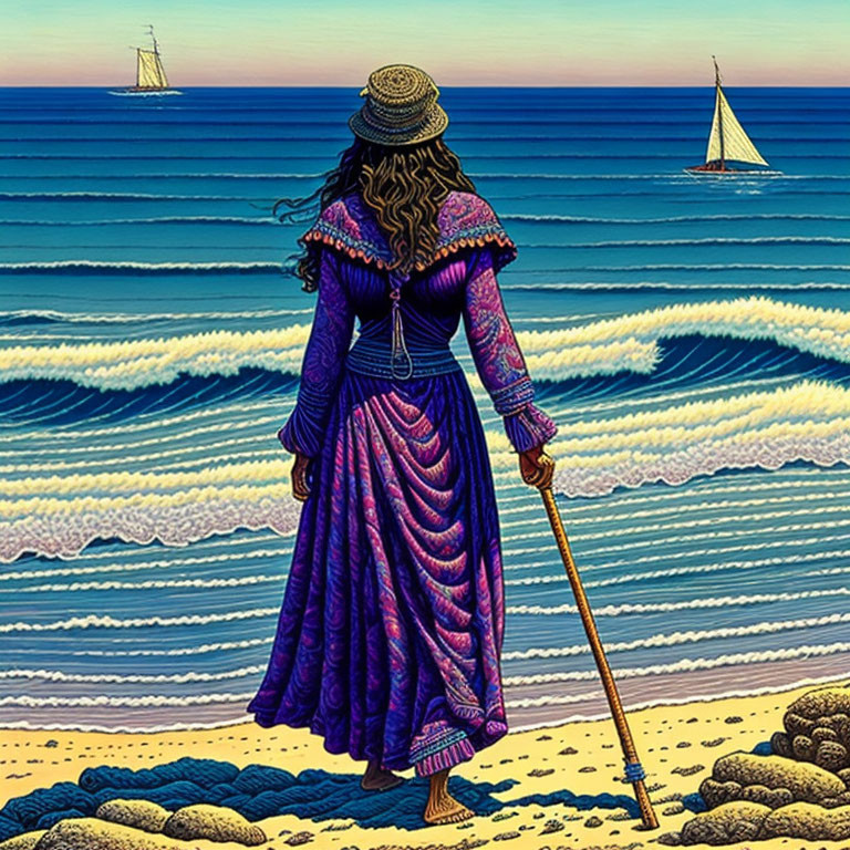 Woman in purple dress gazes at sailboats on shore with waves.