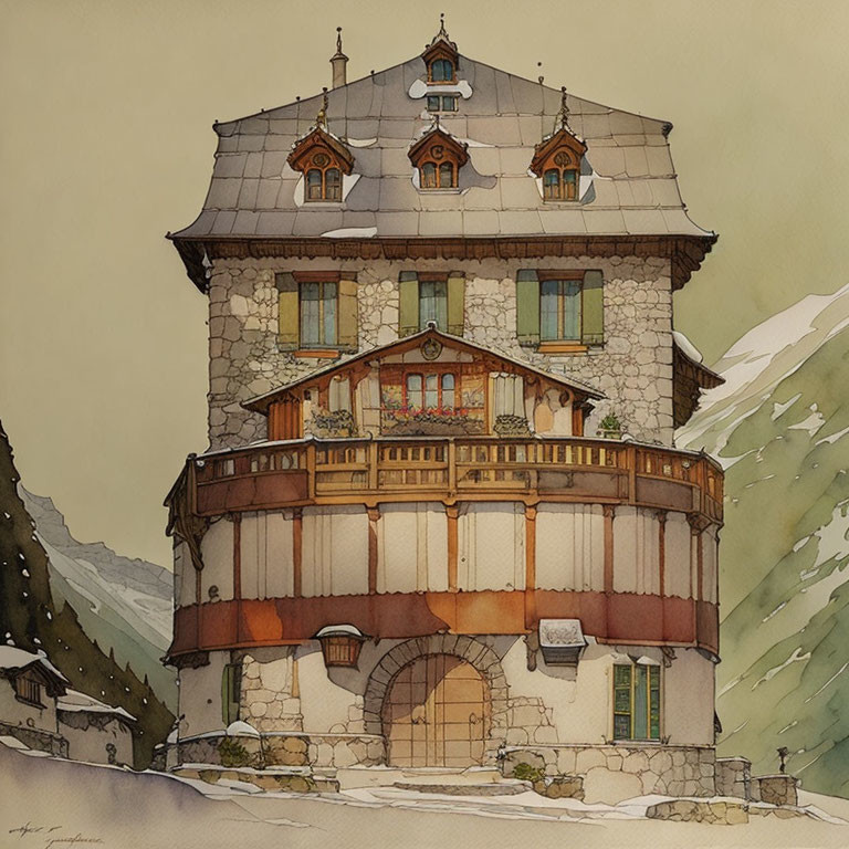 European Stone House Watercolor Painting with Wooden Balcony