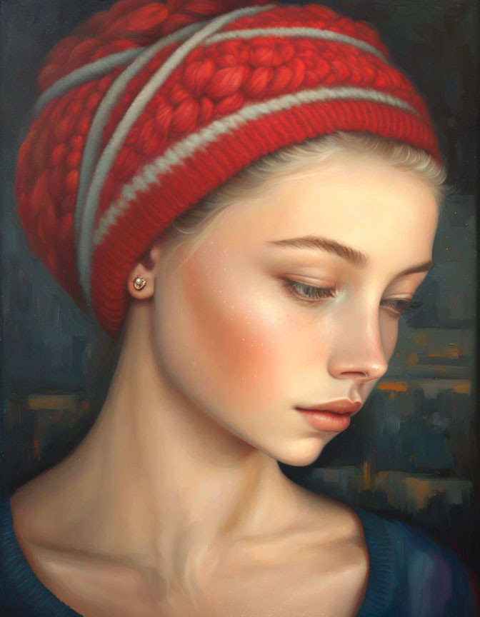 Serene young woman in red knitted hat with soft lighting