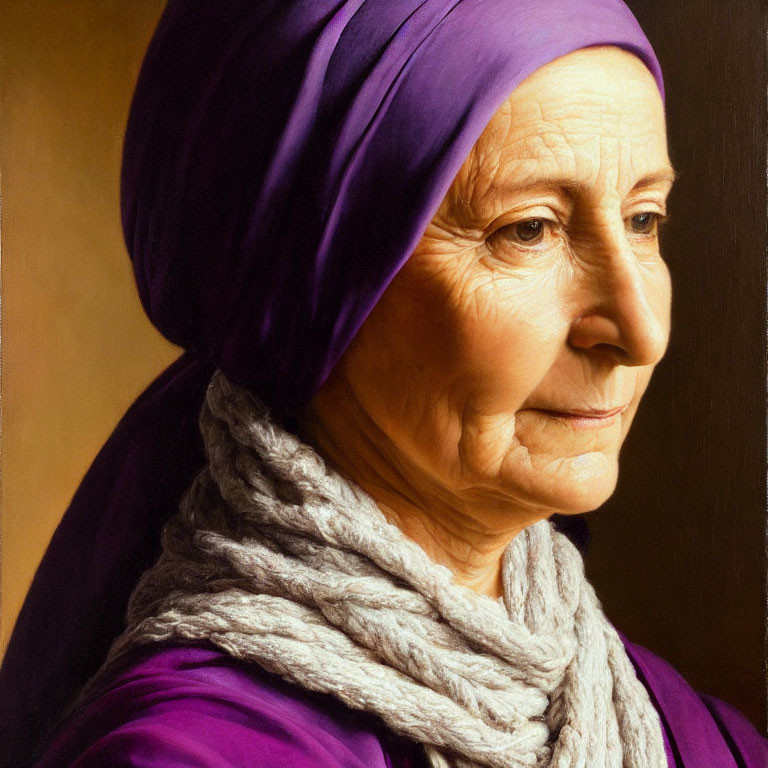 Serene elderly woman in purple headscarf and white knitted scarf