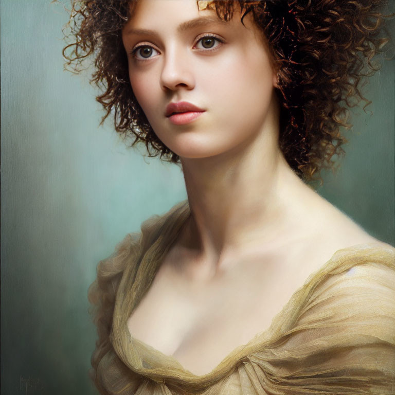 Portrait of young woman with curly hair in off-the-shoulder golden dress