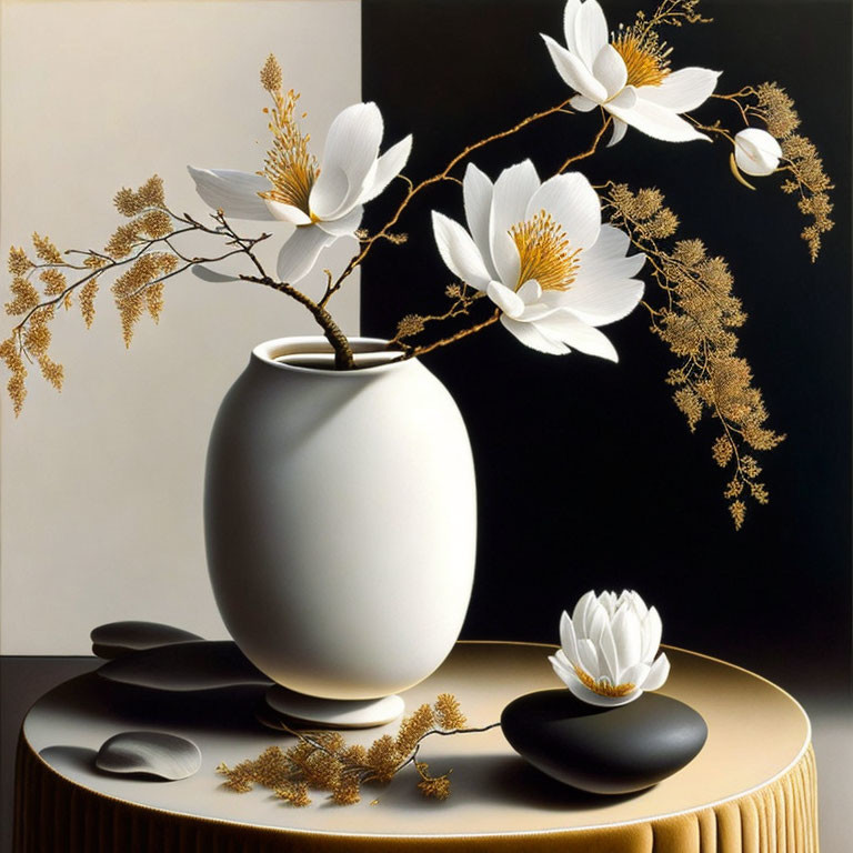 White vase with blooming flowers and golden branches on round table