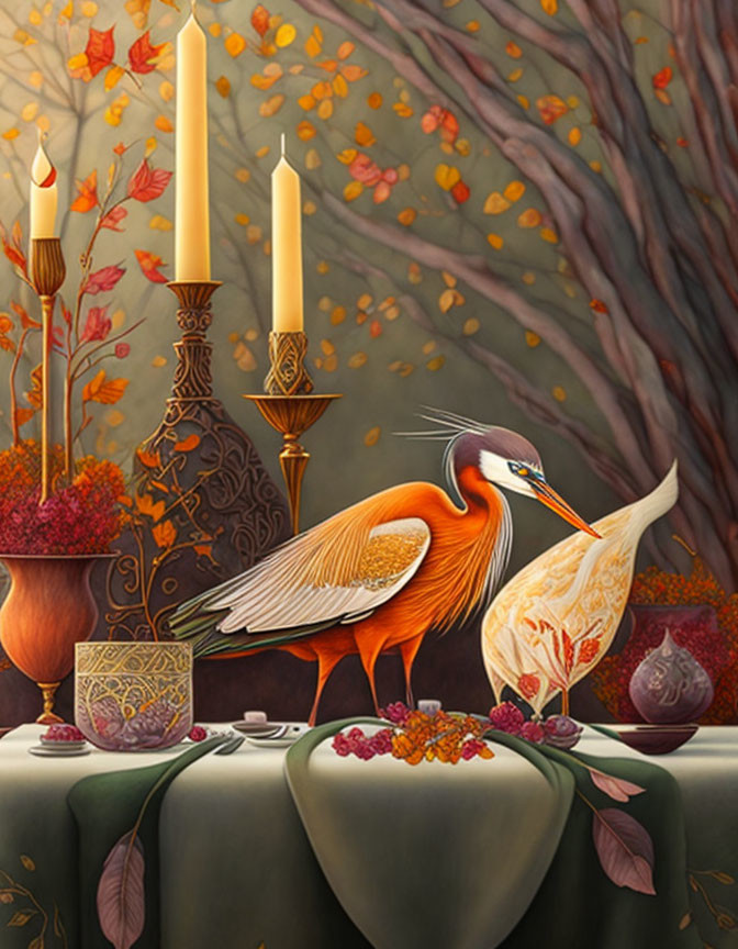 Bird with Long Orange Feathers Amid Autumn Decorations