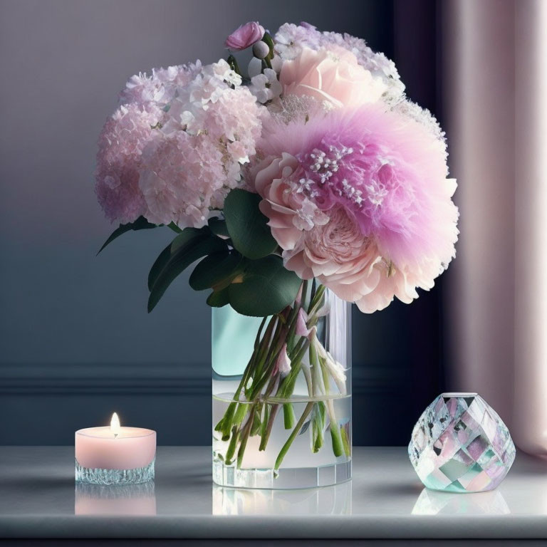 Pink Flowers Bouquet, Candle, Crystal Object on Windowsill