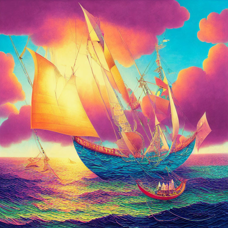 Colorful seascape with sailing ship and purple clouds.