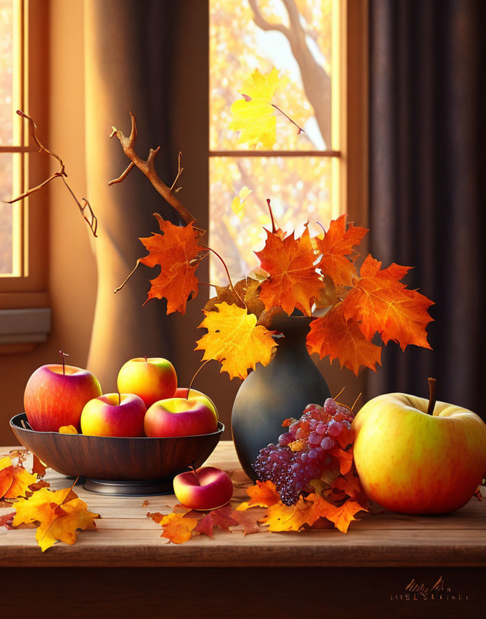 Autumnal still life with ripe apples, grapes, fall leaves, and soft light