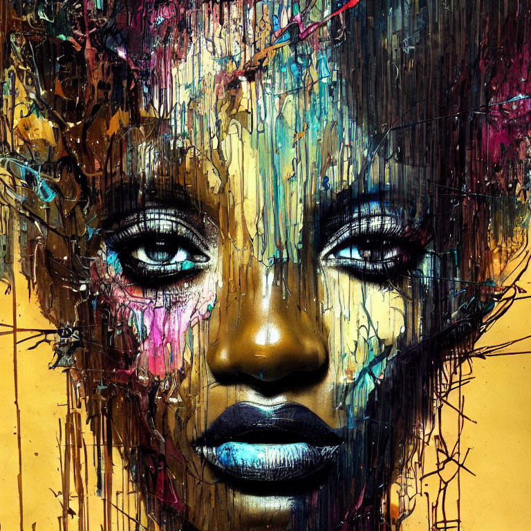 Colorful portrait of a woman with bold black features and blue lips on dripping paint background