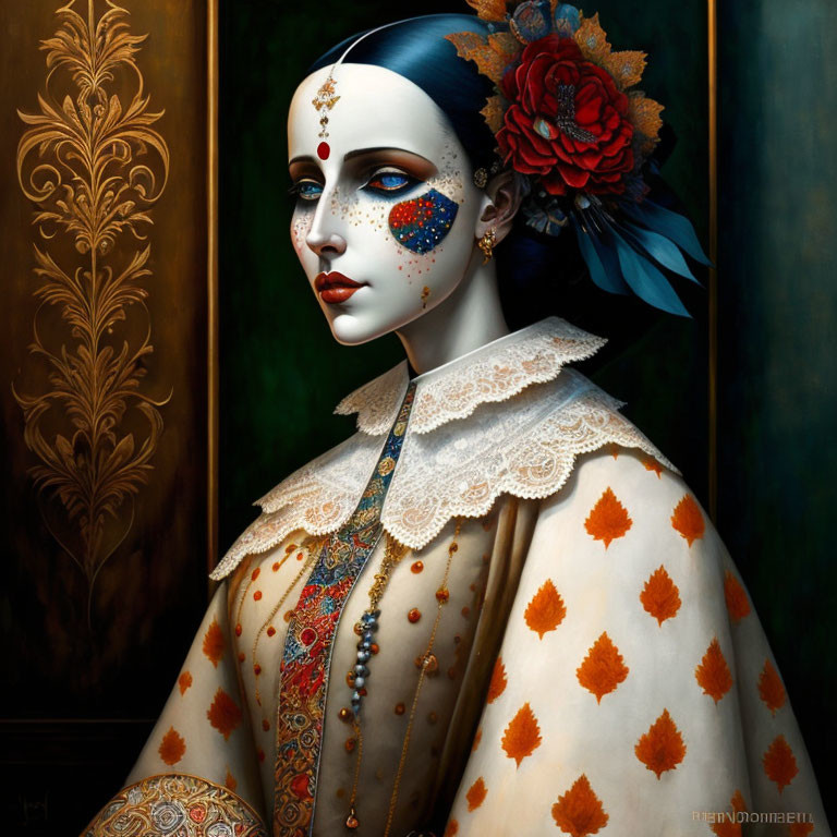 Stylized portrait of a woman with intricate face paint and jewelry