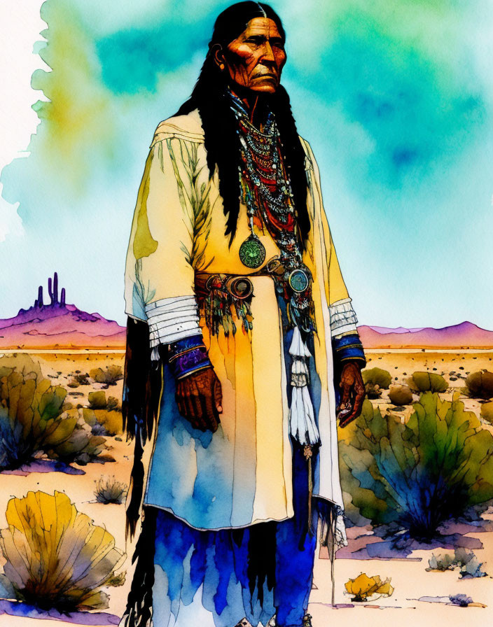 Colorful Native American man in traditional desert setting.