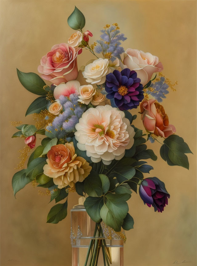 Colorful Rose and Peony Bouquet in Glass Vase on Beige Background