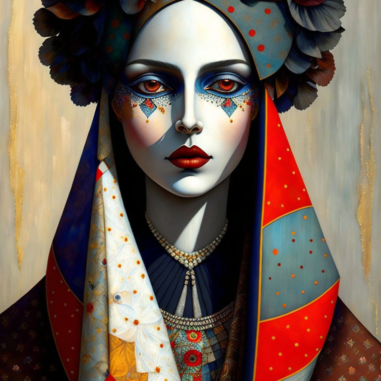 Stylized portrait of woman with dramatic makeup and colorful attire