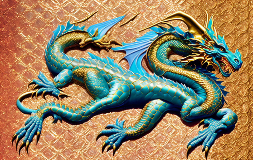 Detailed Blue and Gold Dragon Art on Textured Red Background