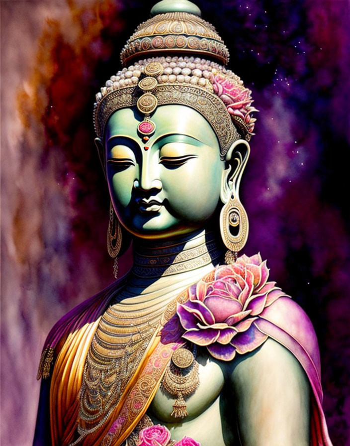 Colorful Buddha Portrait with Traditional Adornments and Lotus Flower