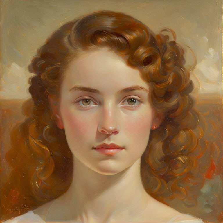 Portrait of young woman with curly auburn hair and grey eyes