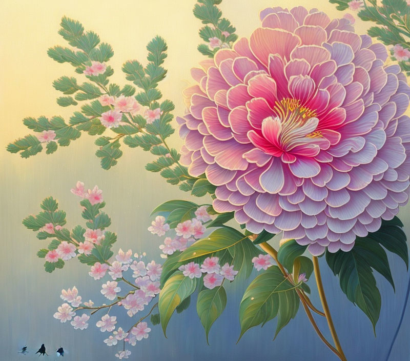 Large pink peony digital painting with smaller blossoms and green leaves on soft blue and yellow background.