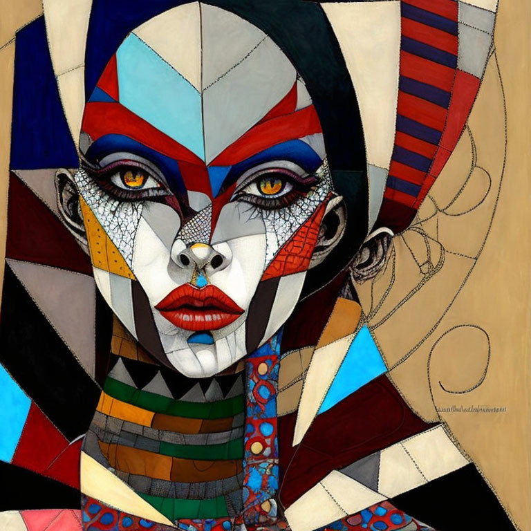 Colorful Cubist-Style Portrait of Woman with Geometric Patterns