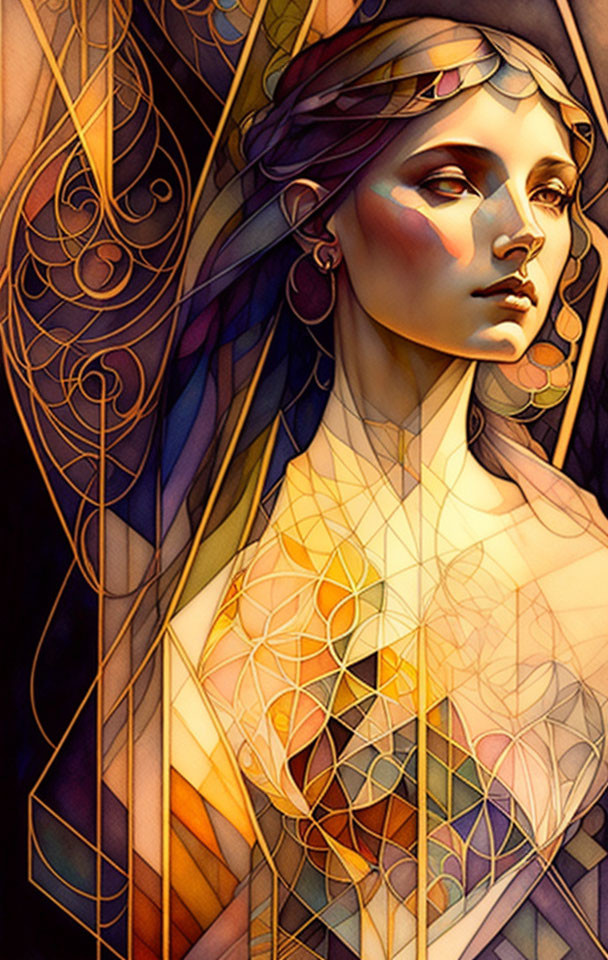 Art Nouveau Style Woman Illustration with Geometric and Floral Patterns