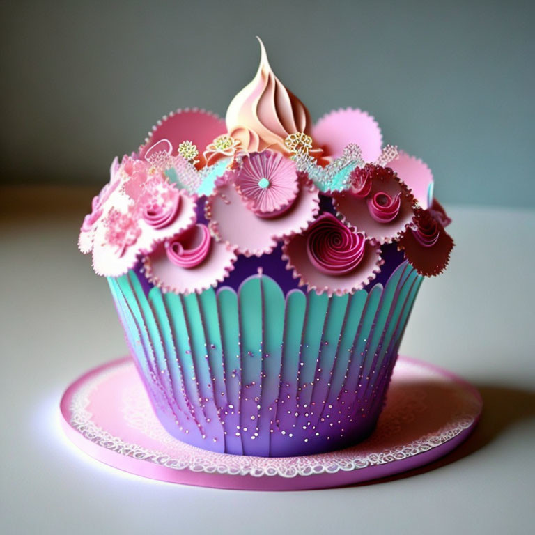 Colorful Cupcake with Cream Swirl & Pink/Purple Decorations on Plate