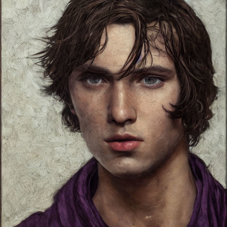 Detailed portrait of young man with wavy brown hair and blue eyes in purple shirt on beige background