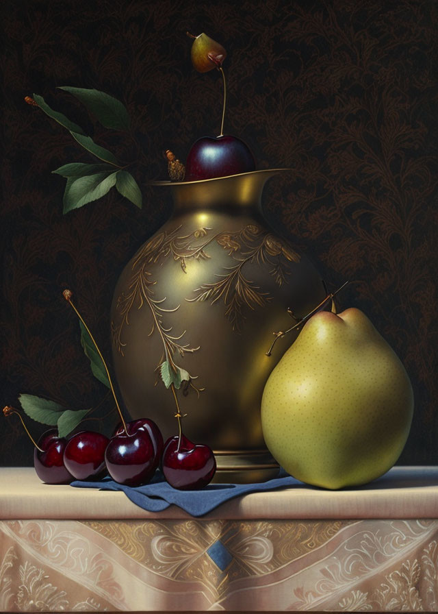 Golden vase, cherries, pear, and cherry on dark background