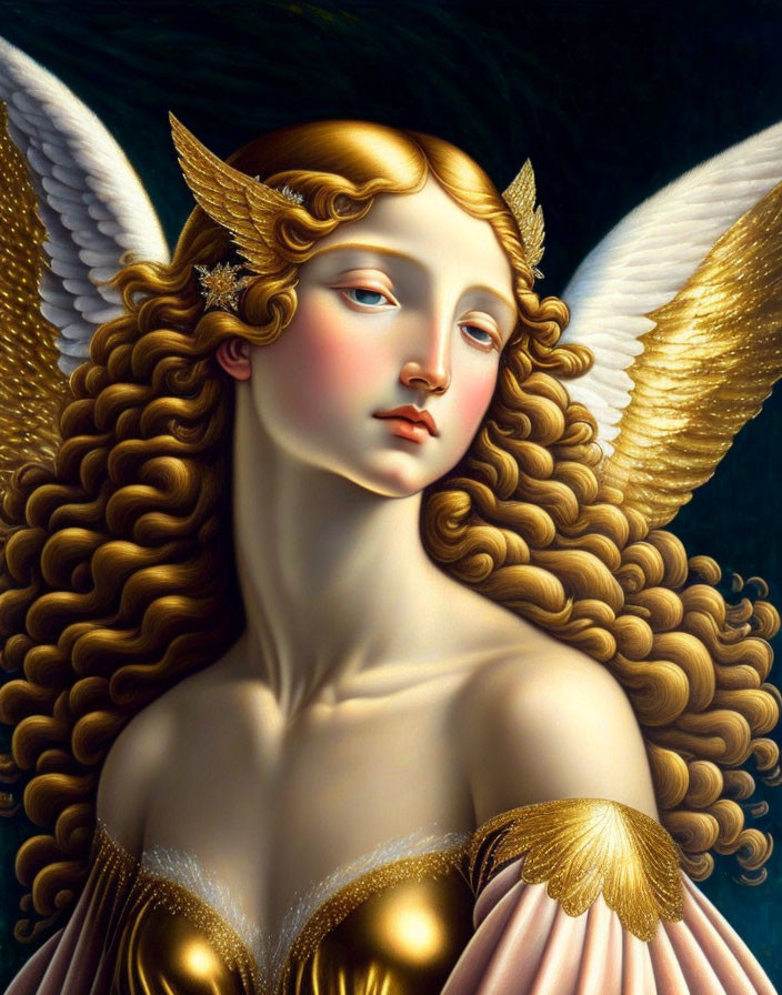 Golden-haired angel with white wings and ornate earrings in golden-pink attire