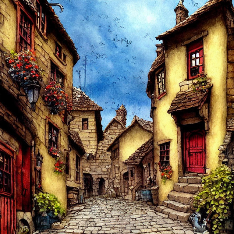 European Village: Cobblestone Street, Colorful Flowers, Traditional Stone Houses