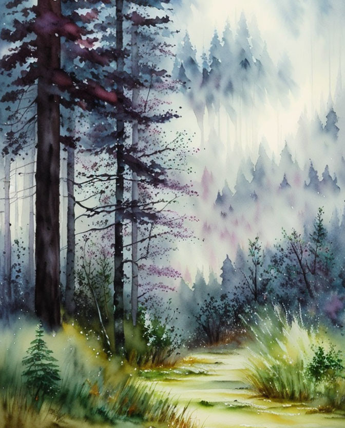 Serene forest path watercolor painting with tall trees and misty atmosphere