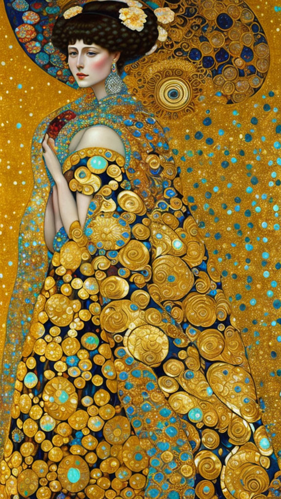 Stylized woman in ornate gold and blue gown against starry background