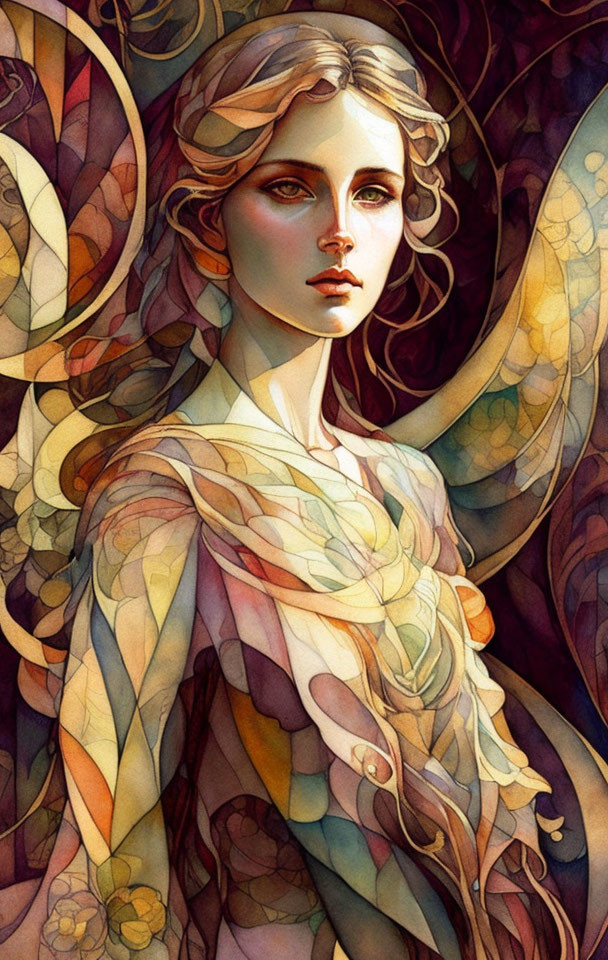 Colorful Abstract Portrait of Woman with Flowing Hair and Butterfly Wing Patterns