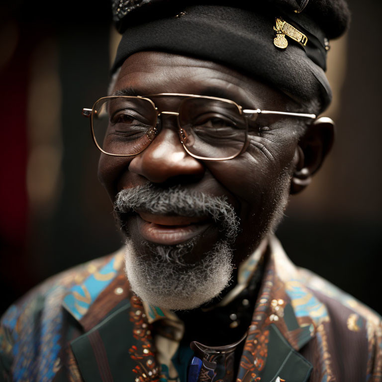 Elderly man in glasses and beret with a warm smile and white beard