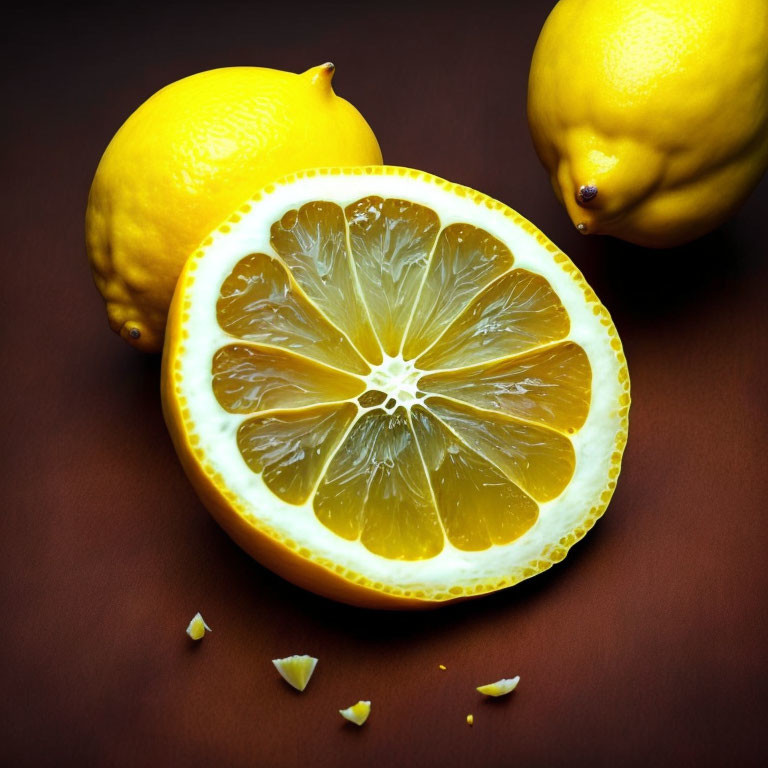 Fresh whole lemon and juicy cross-section on brown surface with zest pieces.