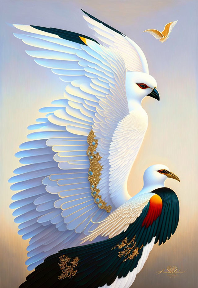 Stylized illustration of majestic white and multicolored birds