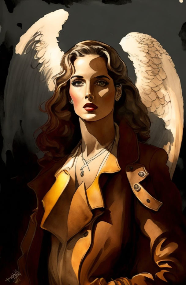 Illustrated portrait of woman with angel wings in brown trench coat, dark hair, serious expression on dark