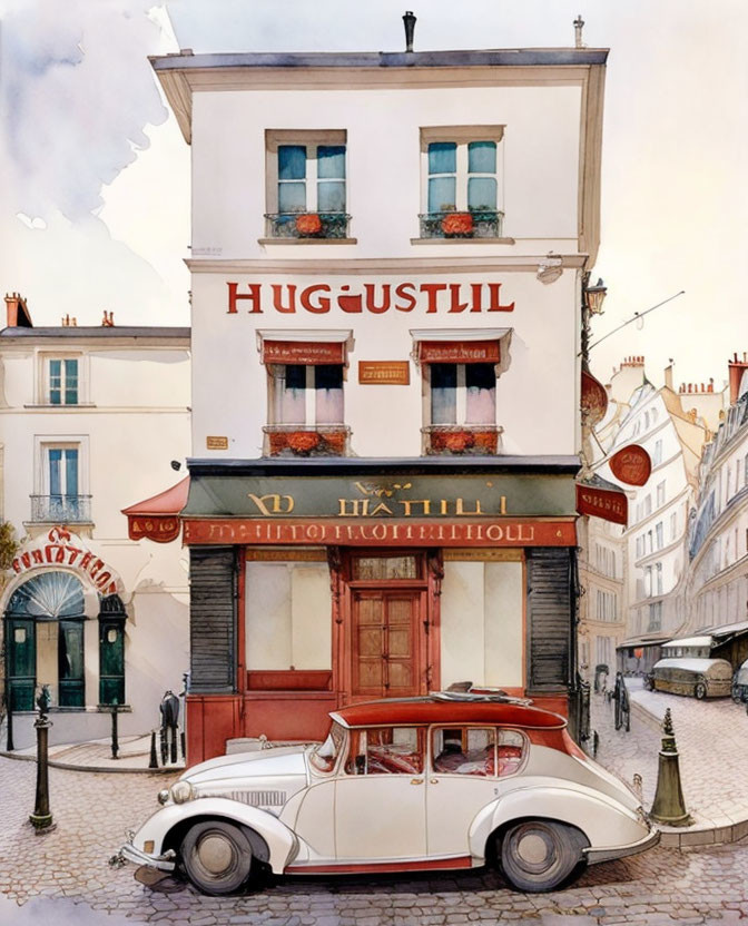 Vintage White Car Parked in Front of Quaint Building with "HUGUSTIL" Signage