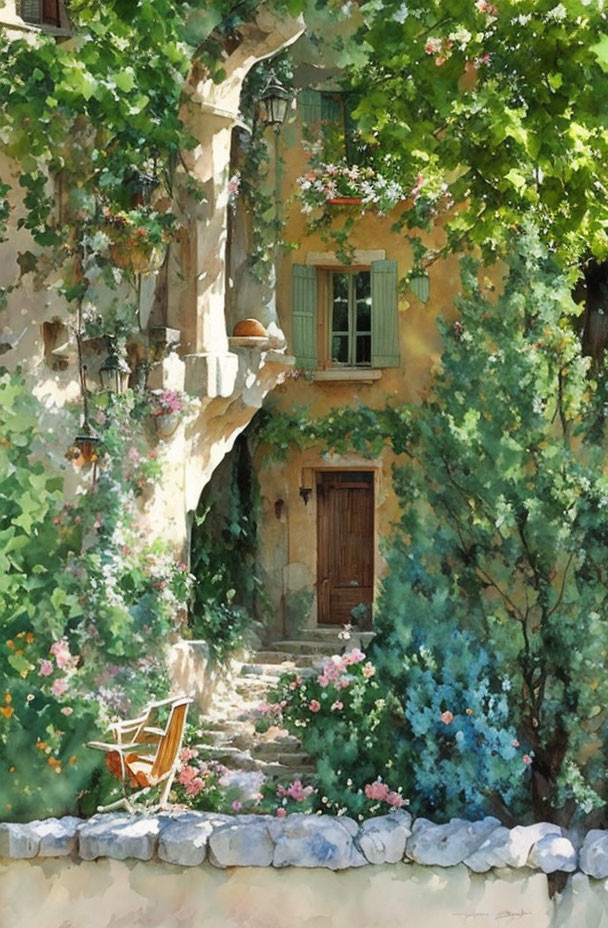 Tranquil watercolor painting of lush courtyard