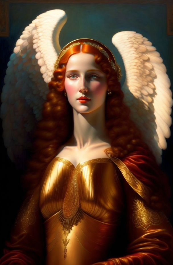 Angel painting with white wings, golden gown, red hair, and halo on blue background