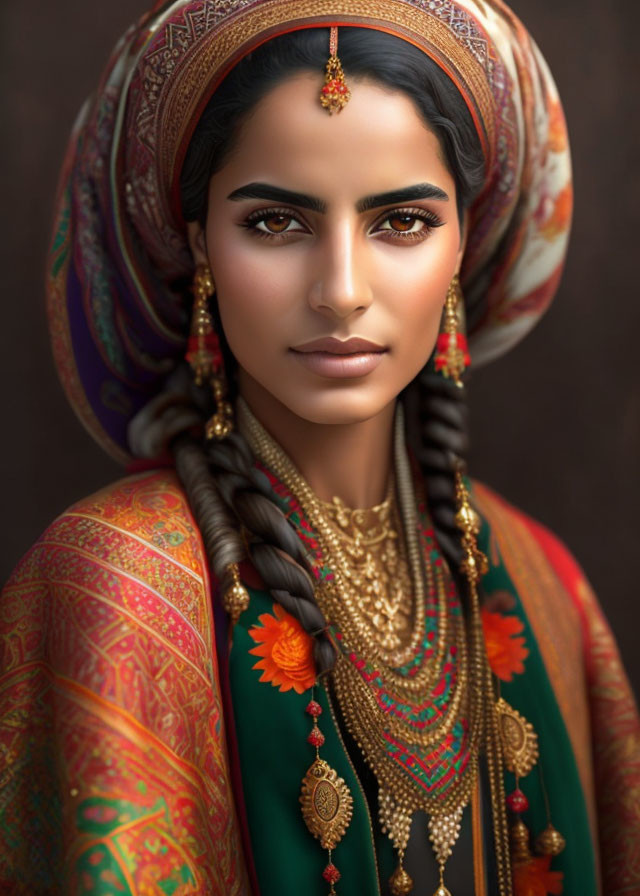 Traditional attire woman: Elegant gold jewelry, colorful turban, detailed makeup.