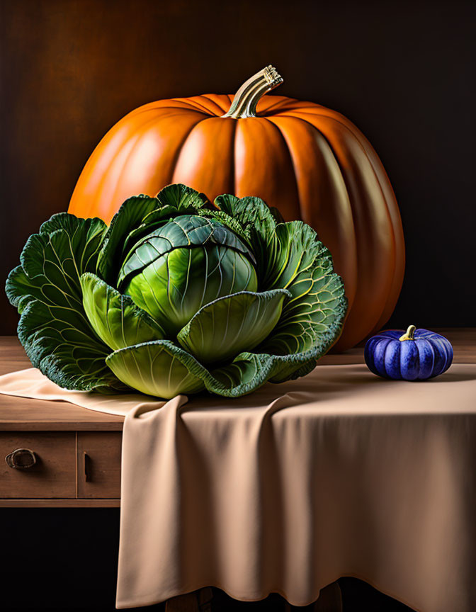 Large pumpkin, green cabbage, striped gourd on table against dark backdrop