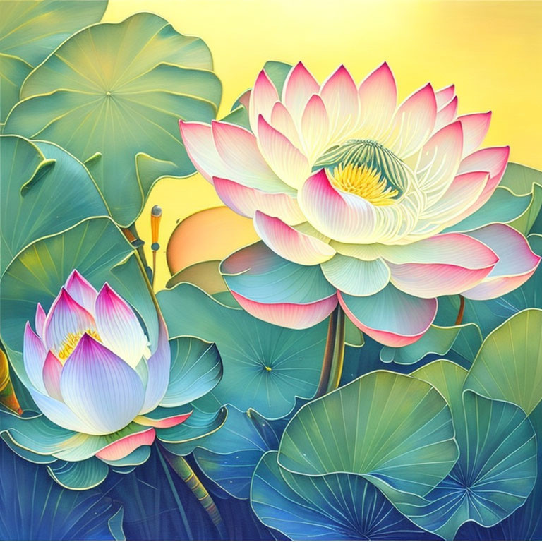 Colorful digital art: Lotus flowers and lily pads in warm yellow to cool blue tones