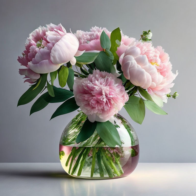 Clear Water Vase with Pink Peonies on Neutral Background