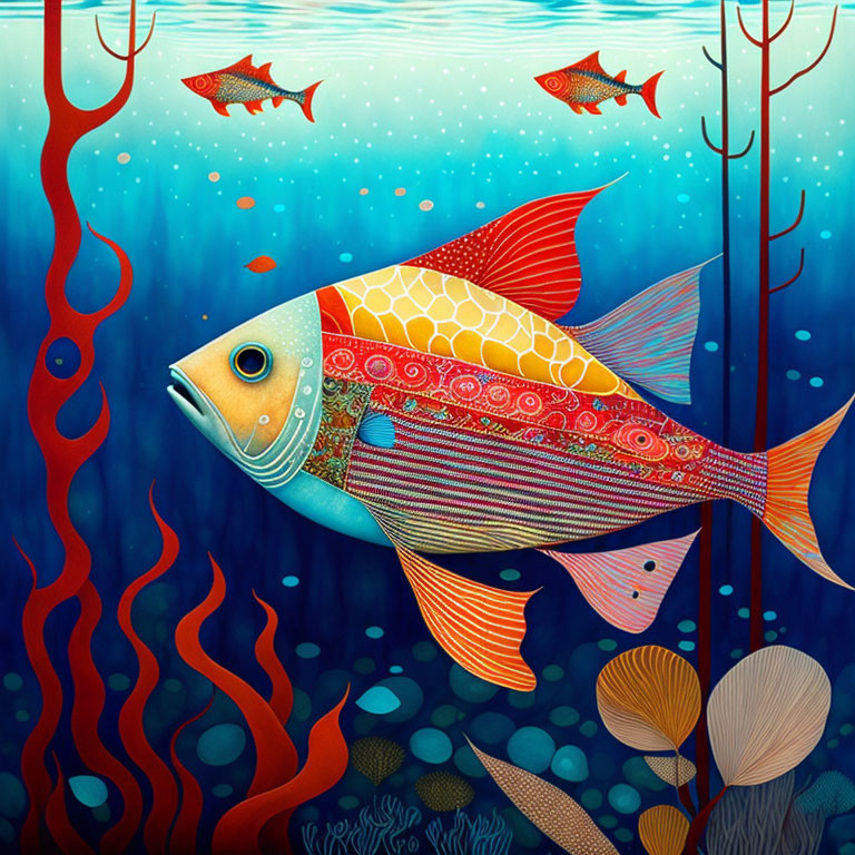 Colorful Fish Swimming in Patterned Underwater Scene