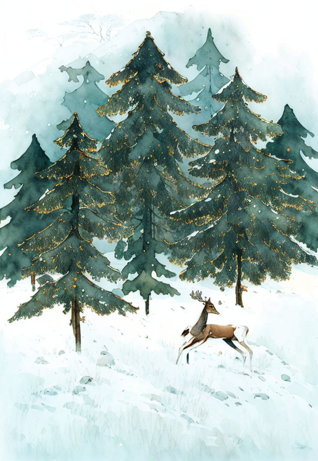 Snowy forest watercolor painting with pine trees and lone deer