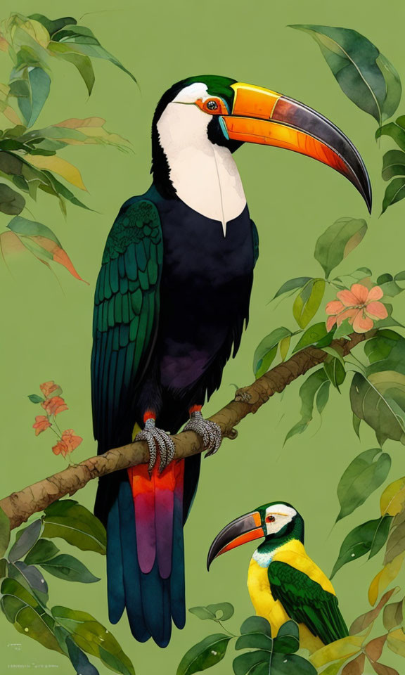 Vibrant toucans on branch with green leaves and pink flowers