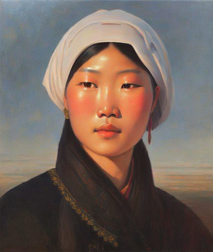 East Asian Woman in White Headscarf and Black Garment Serene Portrait