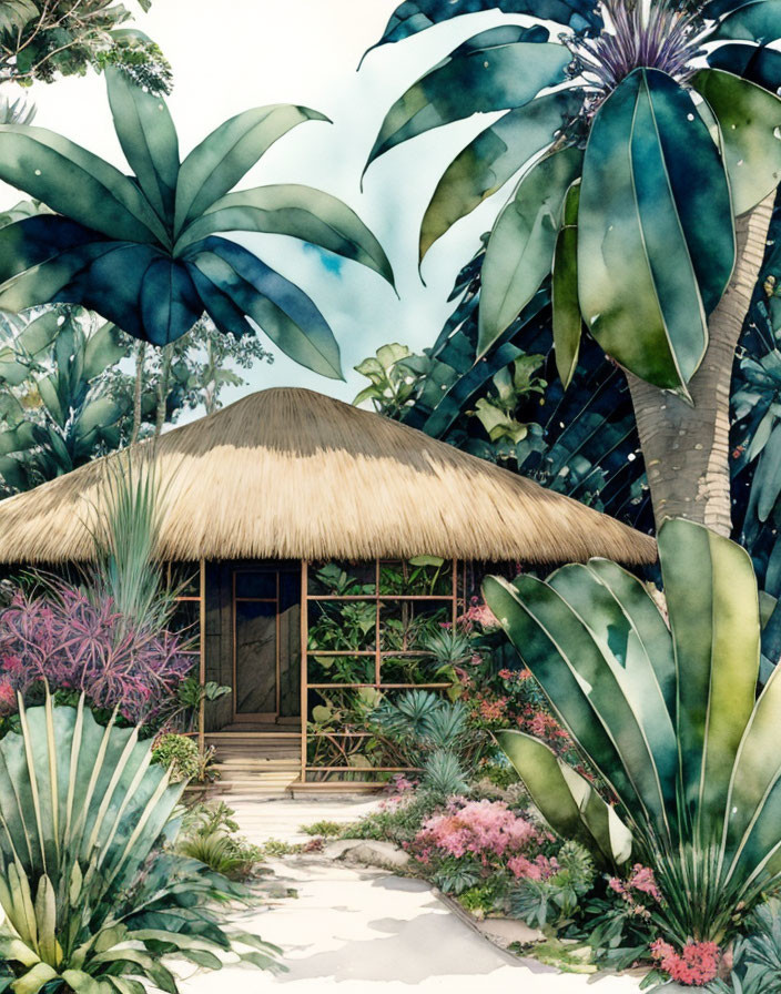 Thatched-Roof Hut Surrounded by Tropical Foliage