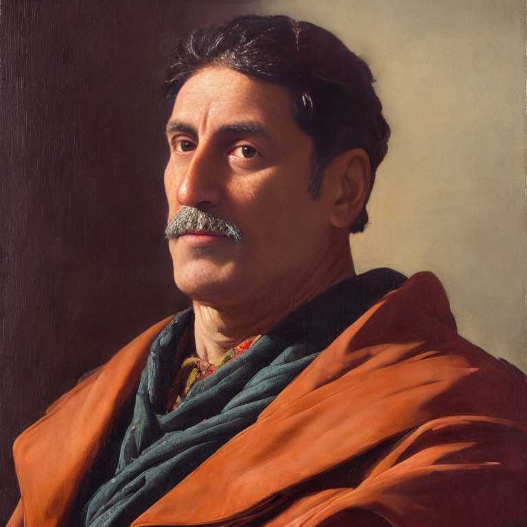 Man with Prominent Mustache in Red Cloak Against Neutral Background