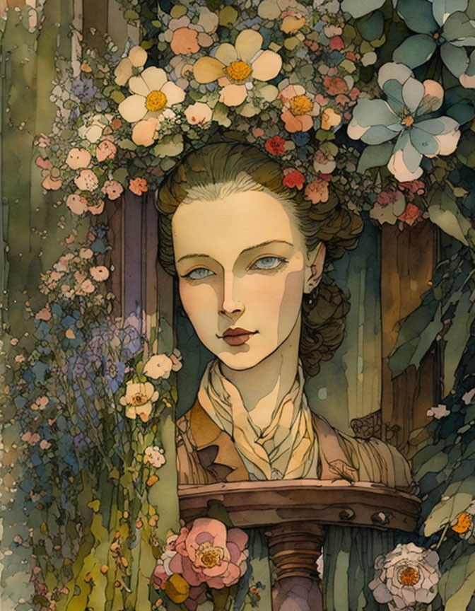 Illustration of woman with floral hair against botanical background