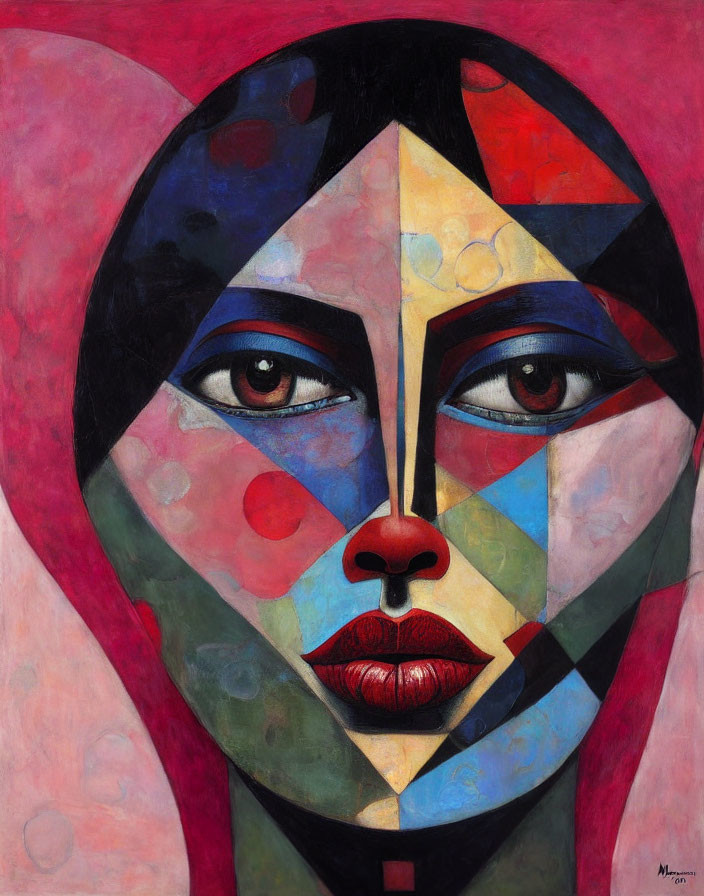 Colorful Cubist Portrait of Woman with Geometric Shapes