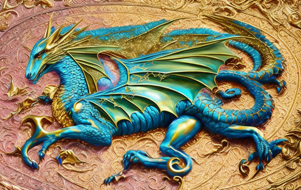 Blue and gold dragon relief on textured background in majestic fantasy theme