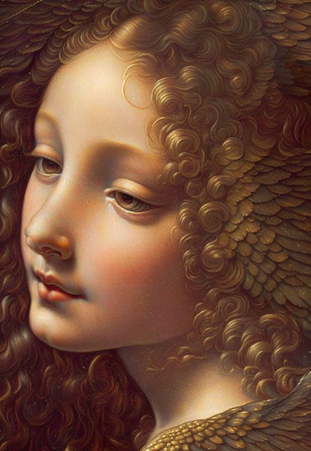 Detailed Artwork: Feminine Figure with Angel Wings Hair, Serene Expression, Ethereal Glow